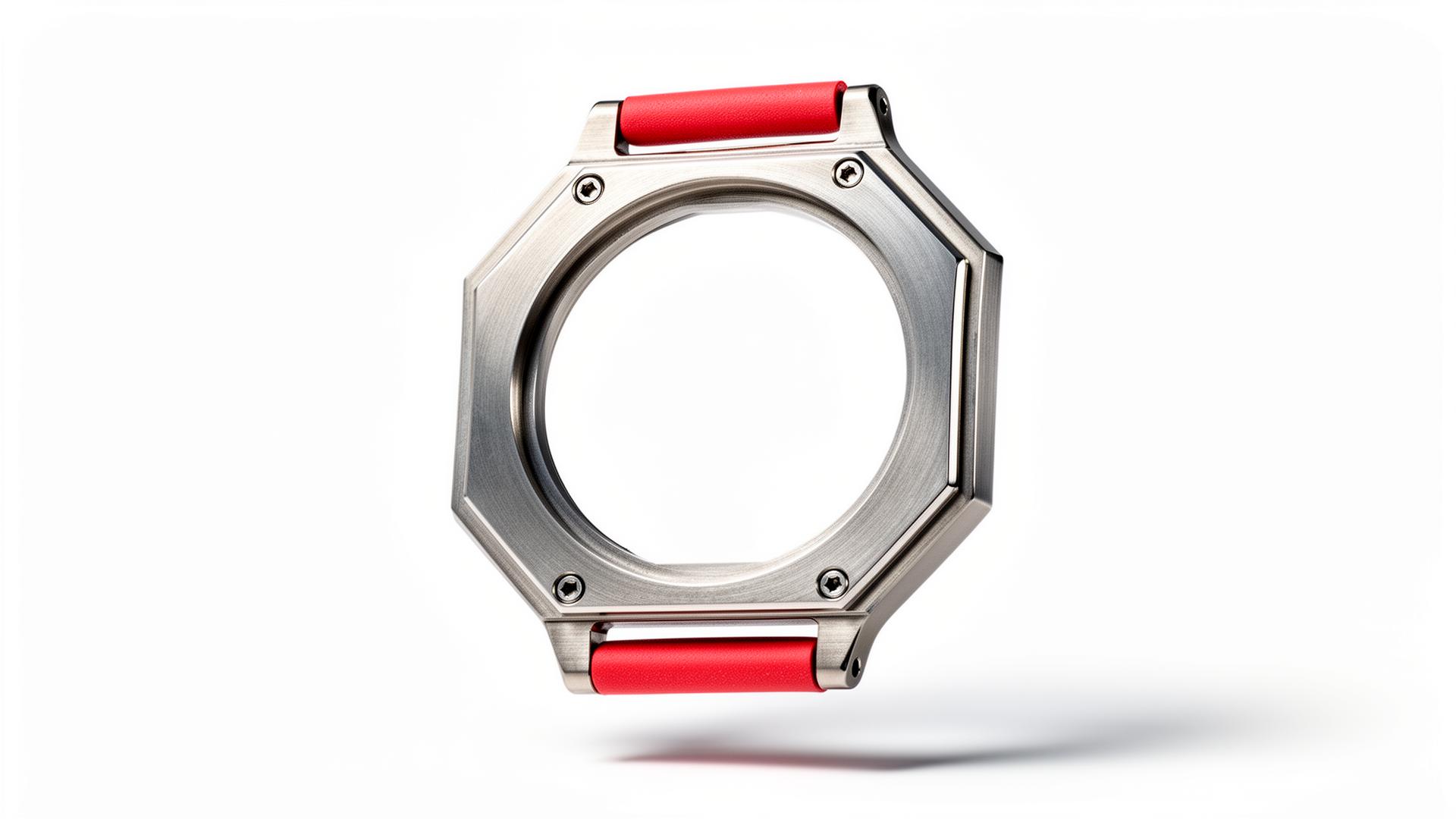 The Royal Pop wrist case — empty titanium octagon with red strap